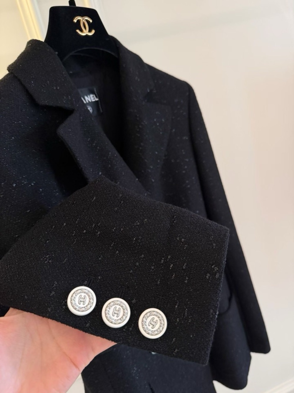 Authentic CHANEL Black Double-Breasted Tweed Blazer with Silver Buttons - Picture 3 of 9